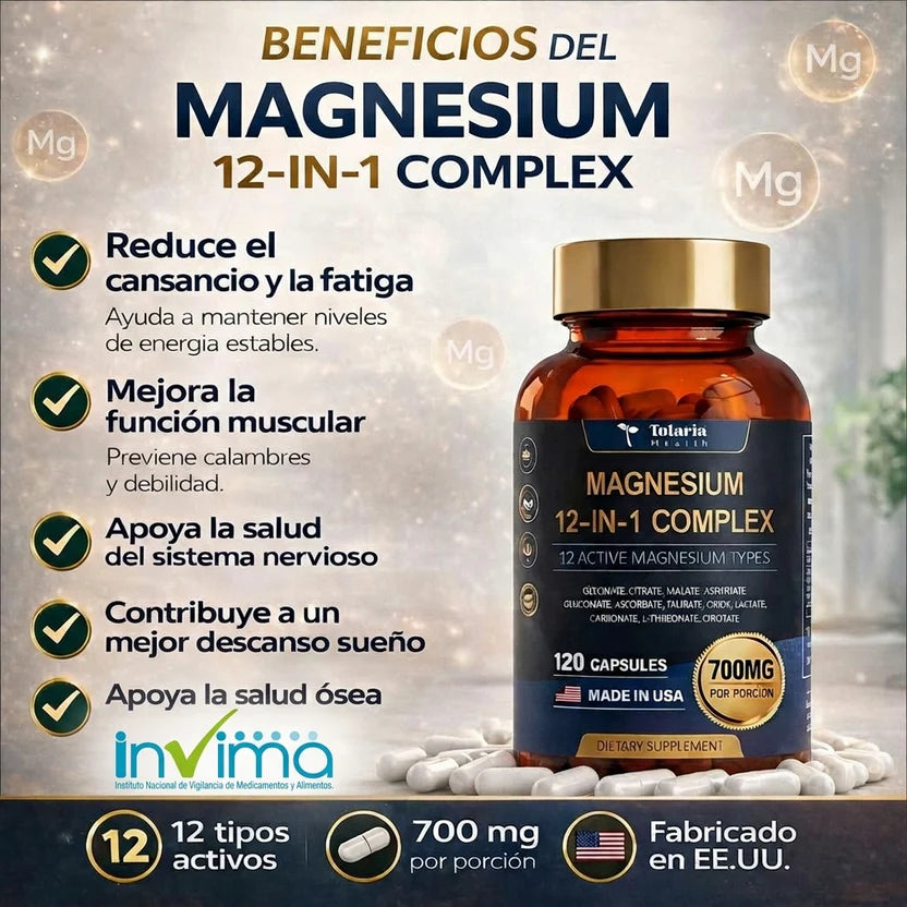MAGNESIUM 12 EN 1 COMPLEX: La Única Fórmula con 12 Formas de Magnesio en Una Sola Cápsula.