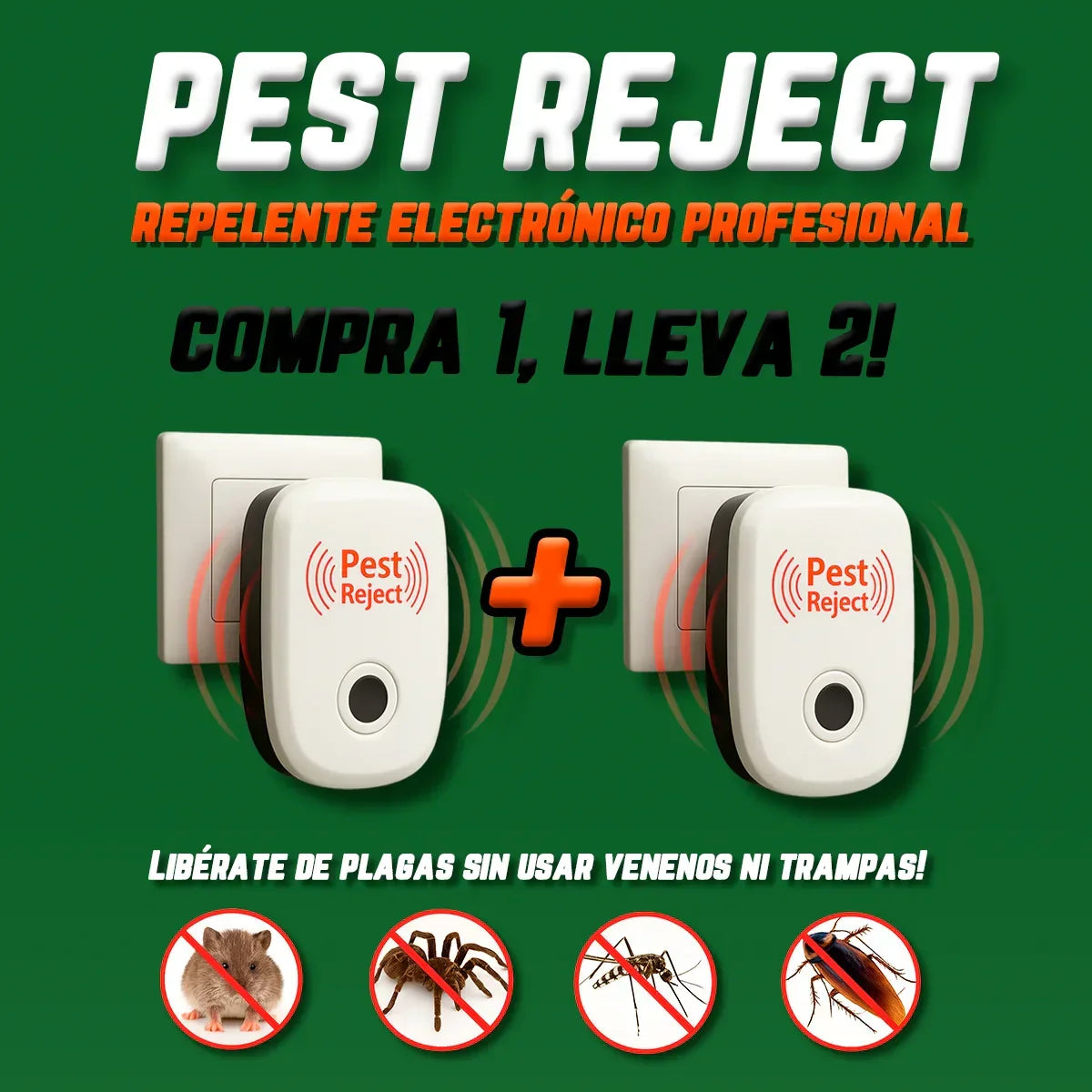 Repelente Ultrasónico Pest Reject 200m² – Seguro para Mascotas y Niños – COMPRA 1, LLEVA 2 [Sin Veneno, Silencioso]